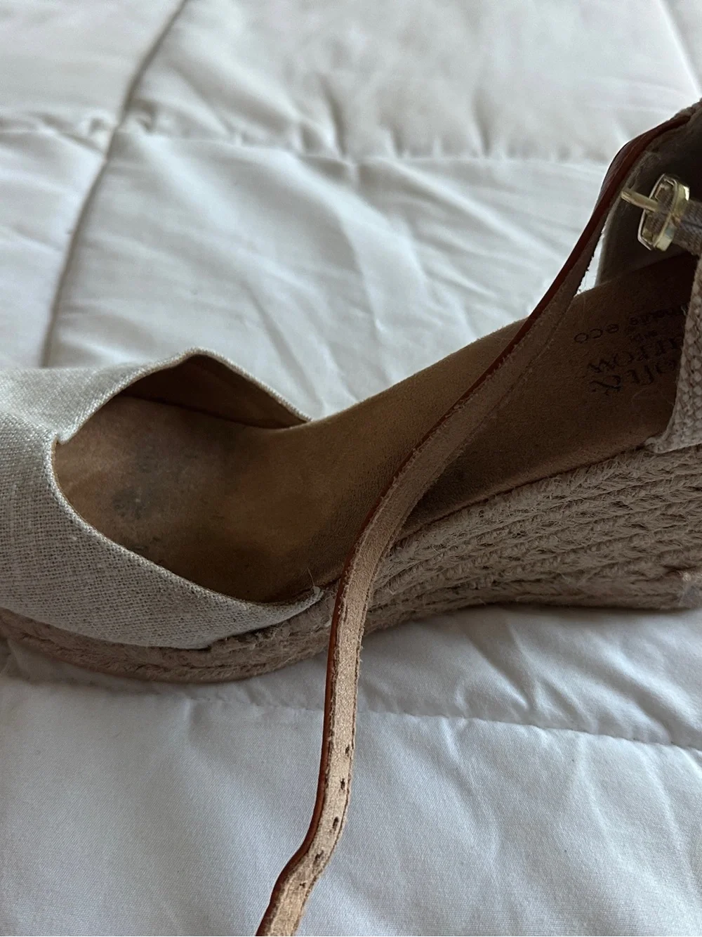 Croft & Barrow Women’s Beige Brown Linen Ankle Strap Wedge Open Toe 9M